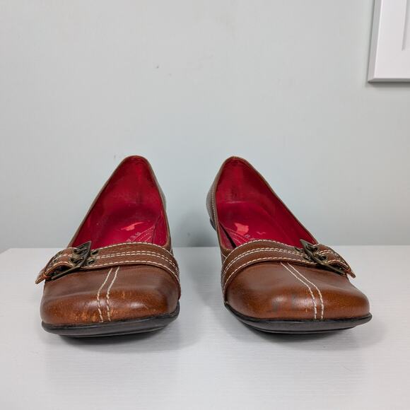 Vintage Y2K Kitten Heel Loafers 7 Brown Buckle Squre Toe Academia Twee Chunky - Picture 7 of 16